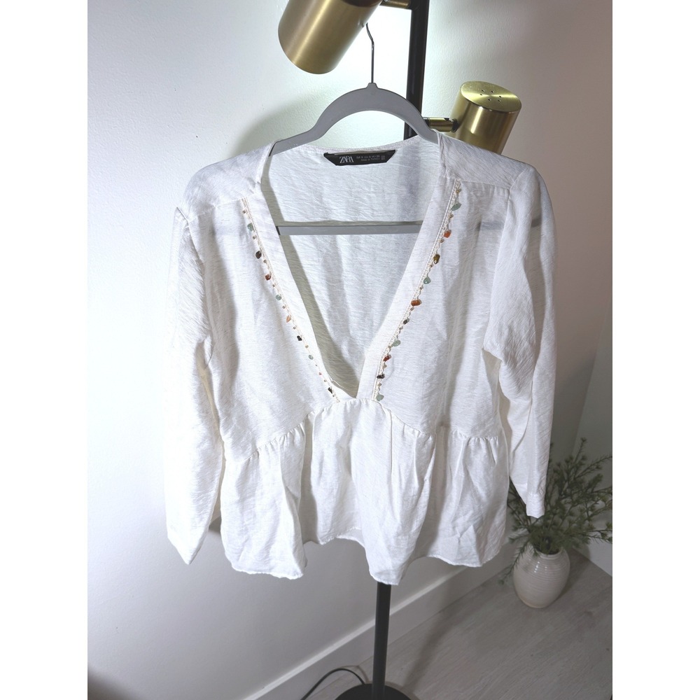 Zara peasant top semiprecious bead trim amethyst quartz white boho clean sm euc